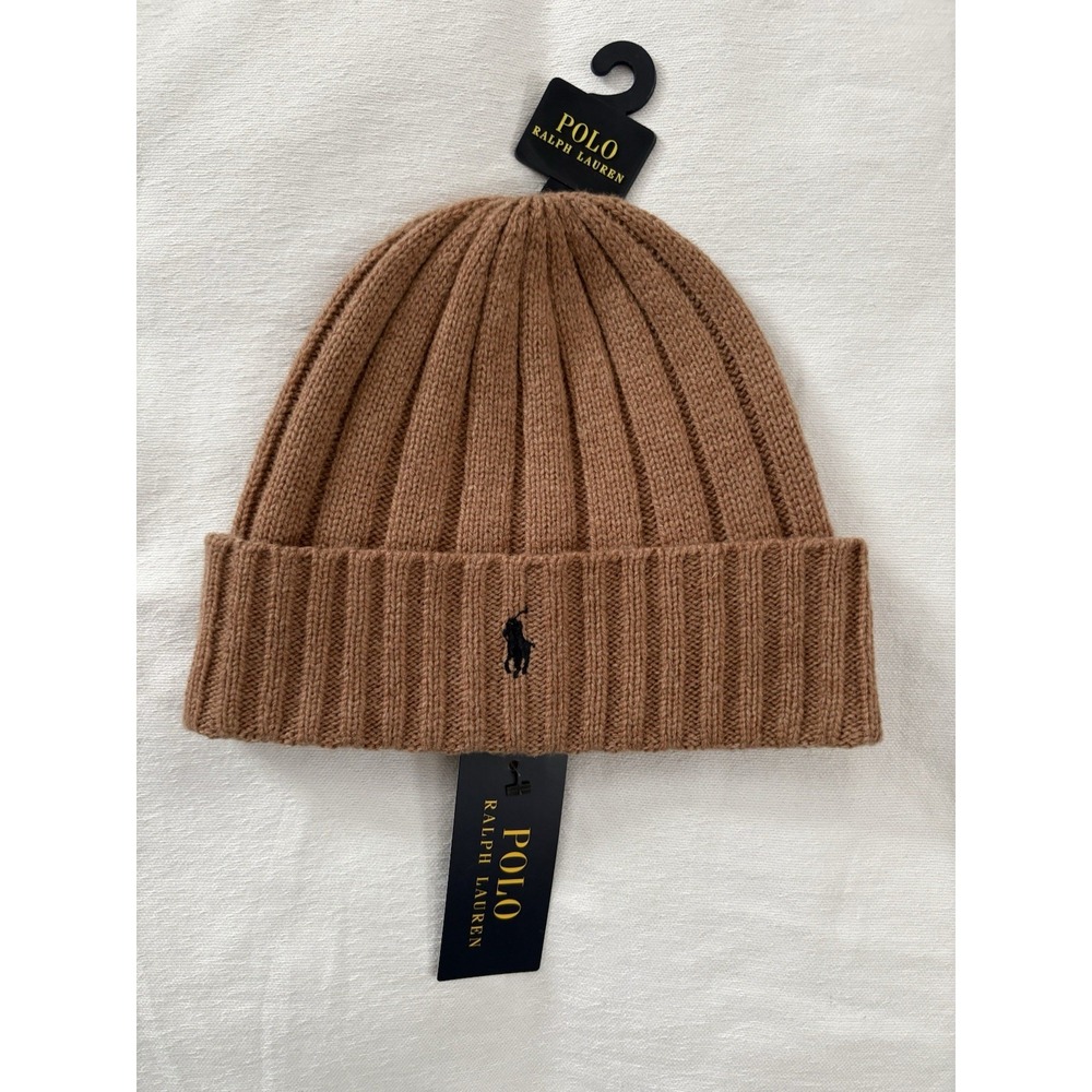 NEW MENS Polo Ralph Lauren Light Brown Heather Wool Blend Ribbed Cuff Beanie